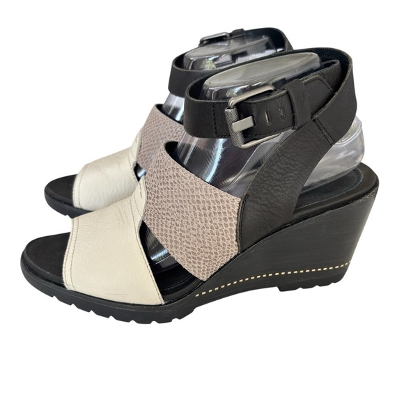 Sorel After Hours Sandal Comfy Strappy Wedge in Black White Grey Leather Size 9 - Picture 12 of 14